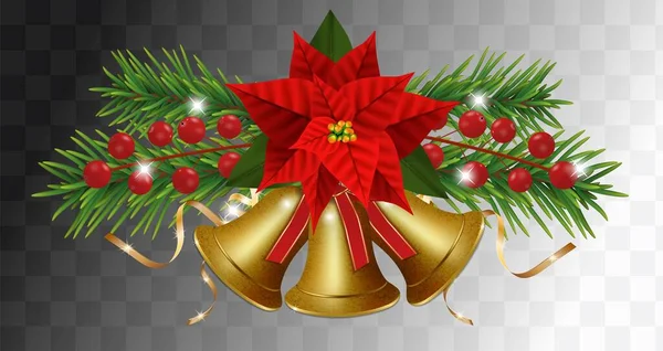 Cloches Noël Dorées Avec Fleurs Noël Poinsettia Sur Fond Transparent — Image vectorielle