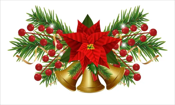 クリスマスの花のポインセチアと黄金の鐘 ガーランドクリスマスツリーの枝やホリーベリー 金リボンとの幸せな新年の境界 ベクターイラスト — ストックベクタ