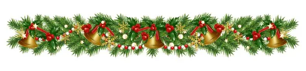Noel sınır süsleri köknar dalları, altın çanlar, kar taneleri kutsal böğürtlen ve boncuklarla süslenmiş. Beyaz arka planda Xmas ya da Yeni Yıl için tasarım ögesi. Vektör illüstrasyonu.