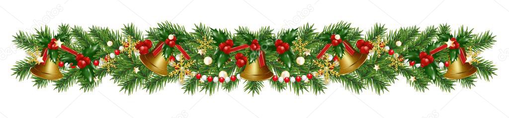 Christmas border decorations garland with fir branches, golden bells, snowflakes holly berries and beads. Design element for Xmas or New Year on white background. Vector illustration.