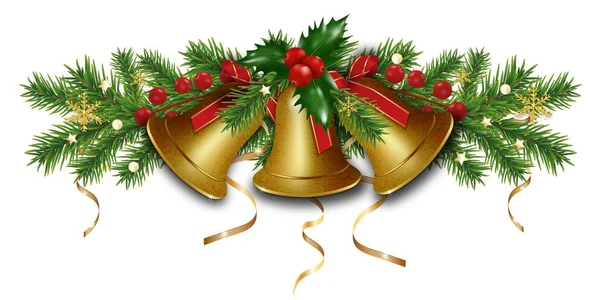 圣诞金色的铃铛上挂着雪花 与花环 圣诞树枝条 冬青浆果 金丝带接壤 新年快乐矢量图解 — 图库矢量图片