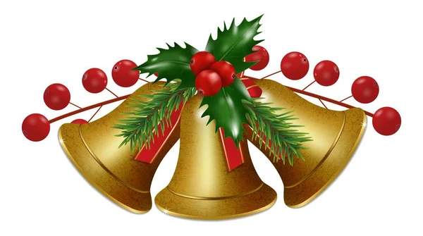 Três Sinos Dourados Natal Com Bagas Azevinho Fundo Branco Feliz — Vetor de Stock