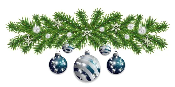 青と銀の泡とクリスマスの国境の装飾 クリスマスツリーの枝やボールと新年のガーランド ベクターイラスト — ストックベクタ