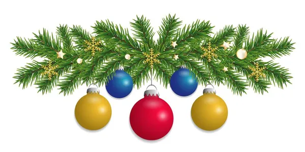 色のボールとクリスマスの国境の装飾 クリスマスツリーの枝やボールと新年のガーランド ベクターイラスト — ストックベクタ