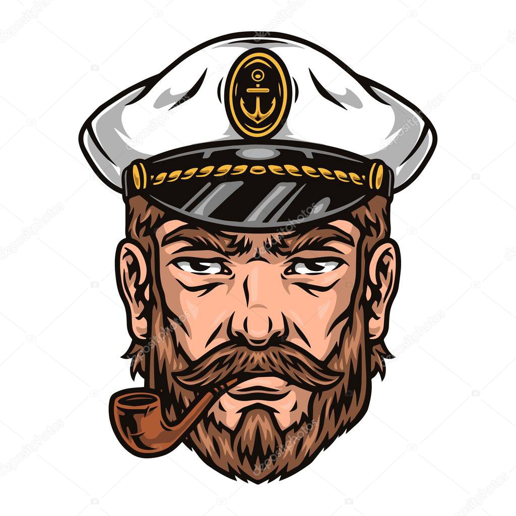 Colorful vintage bearded sailor captain smoking pipe isolated vector illustration