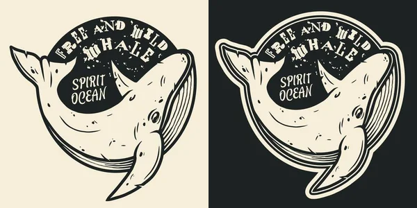 고래는 고전적 방식으로 고립된 고래와 동그란 라벨을 티셔츠를 엠블렘이야 일러스트 로열티 프리 스톡 벡터