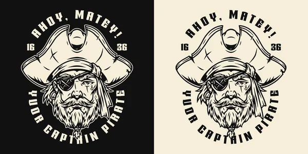 Rótulo Marinho Monocromático Para Camisetas Com Rosto Pirata Usando Chapéu Ilustrações De Stock Royalty-Free
