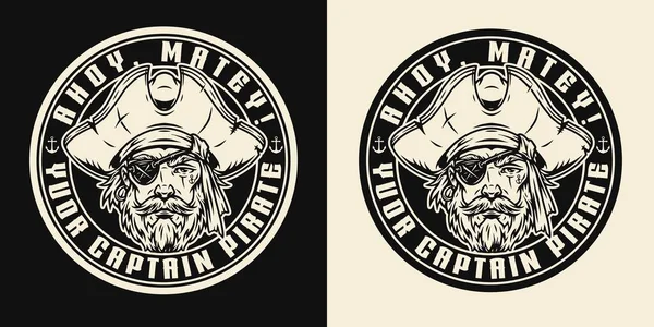Emblema Marinho Monocromático Redondo Com Rosto Pirata Usando Chapéu Olho Ilustrações De Stock Royalty-Free