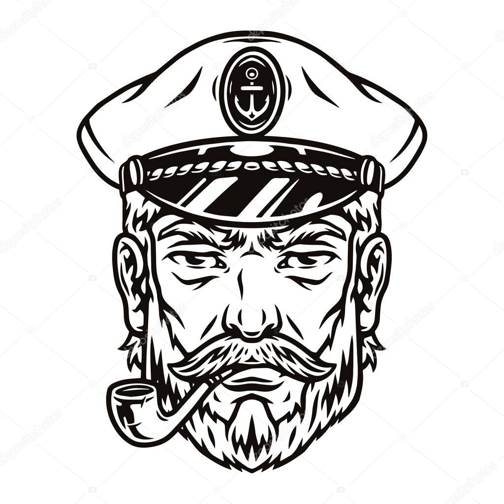 Monochrome vintage bearded sailor captain smoking pipe isolated vector illustration