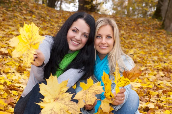 Två glada unga kvinnor i höst skog — Stockfoto