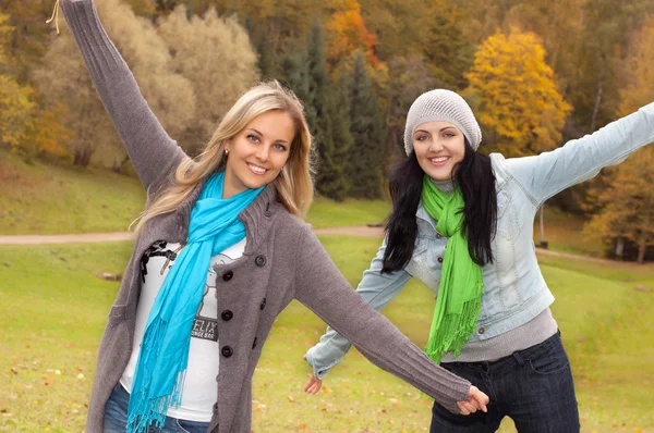 Two happy young women in autumn forest Royalty Free Stock Photos