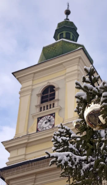 Weihnachtskugel im grünen Baum — Stockfoto