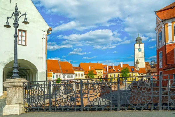 Sibiu Transilvânia Romênia Ponte Dos Mentirosos Vista Torre Conselho — Fotografia de Stock