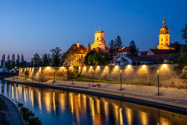 Györ Stadt Ungarn Stadtmauer Befestigung Und Kirche Bei Nacht Reflektieren — Stockfoto