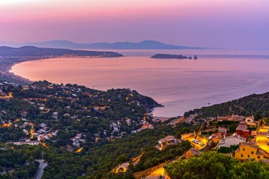 Begur in Catalonia, Spain, with Mediterranean Sea in background, at dusk on summer day