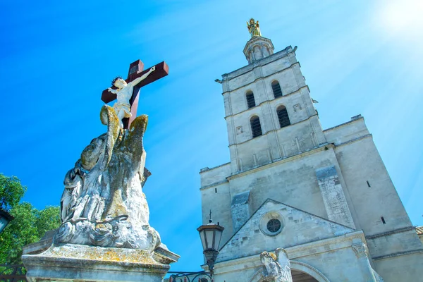 Avignon Cathedral Statue Jesus Christ Cross Provence Vaucluse France — Stock Fotó