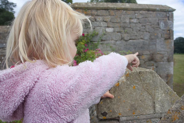 Twee yaer oude meisje wijzen van een kasteel parapit — Stockfoto