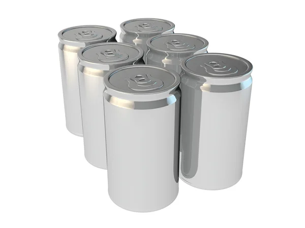 6 pack van zilver aluminium blikjes — Stockfoto