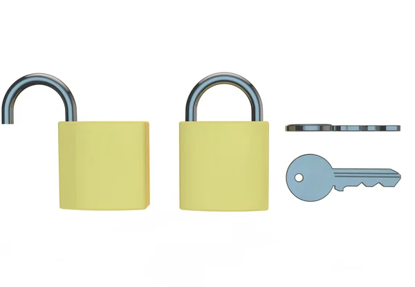 Different views of padlocks and keys on white background — Stock Photo, Image