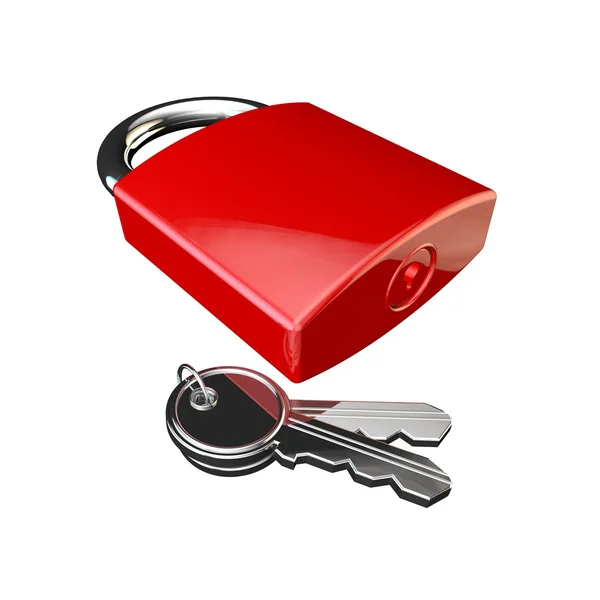 Cadeado vermelho bloqueado com um conjunto de chaves no branco — Fotografia de Stock