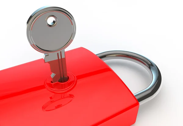 Close up of key in a red padlock — Stock Photo, Image