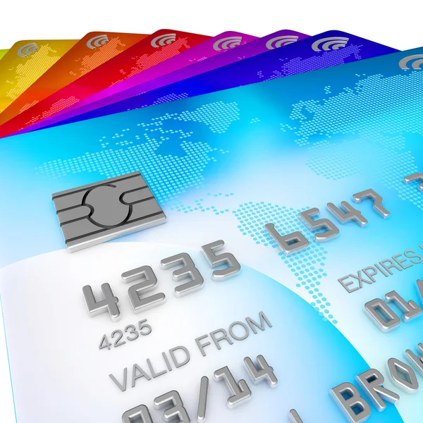 Farklı renkli orignal tasarladığımız, kredi kartları yığını — Stok fotoğraf