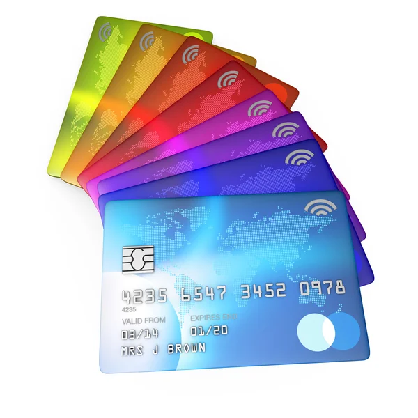 Bliska 3d renderowania Grupa f różne kolorowe karty kredytowe — Zdjęcie stockowe
