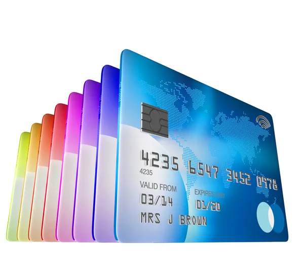 Set of credit cards standing viewed from low angle — Stock Photo, Image