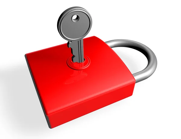 Chave de prata na fechadura de um cadeado vermelho — Fotografia de Stock