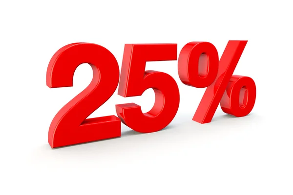 25 Prozent als große rote 3D-Zahl auf weißem Hintergrund — Stockfoto