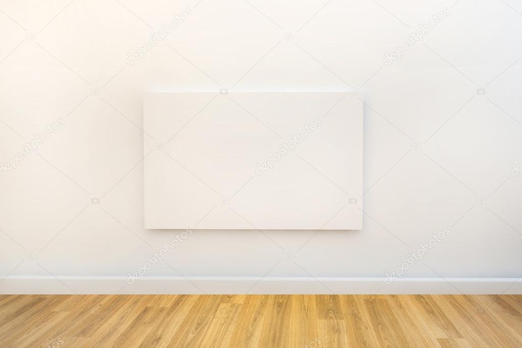 Single blank canvas hanging on a white gallery or studio wall — Stock Photo © Joingate 46173239