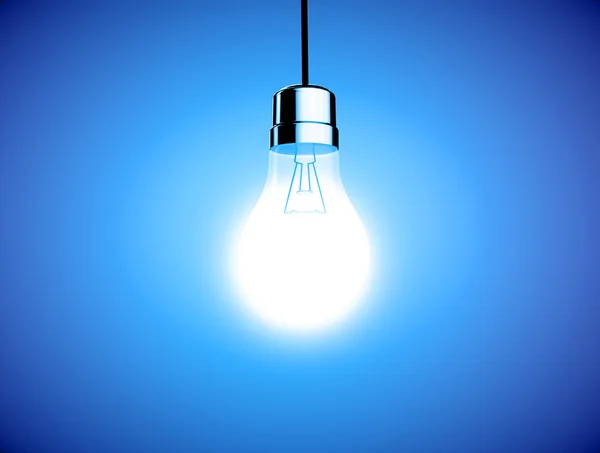 Única lâmpada brilhando uma luz brilhante no fundo azul — Fotografia de Stock