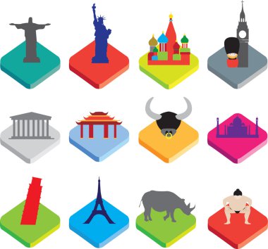 ünlü dünya yerlerinden beyaz düz izometrik 3d simgeleri