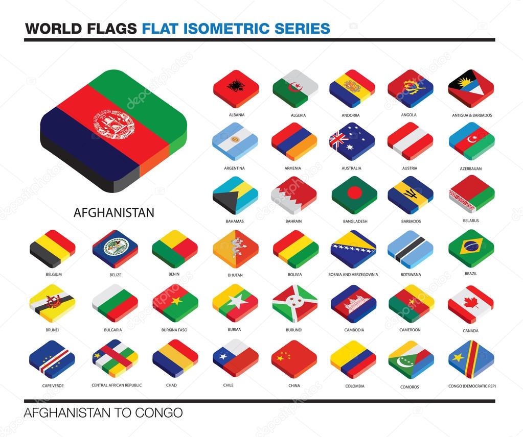 flags of the world, a-c,  3d isometric flat icon design