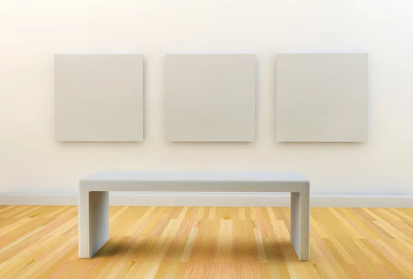 3 CANTURE DI BLANK AGGIUNTE SU UN Muro BIANCO DI GALLERIA — Foto Stock