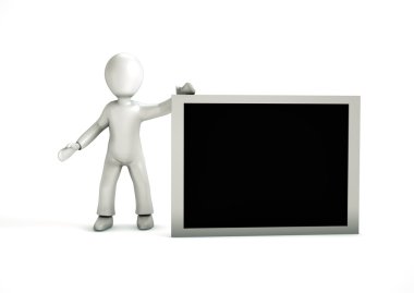 Beyaz bir arka plan üzerinde izole blackboard ile 3D çizgi film adam