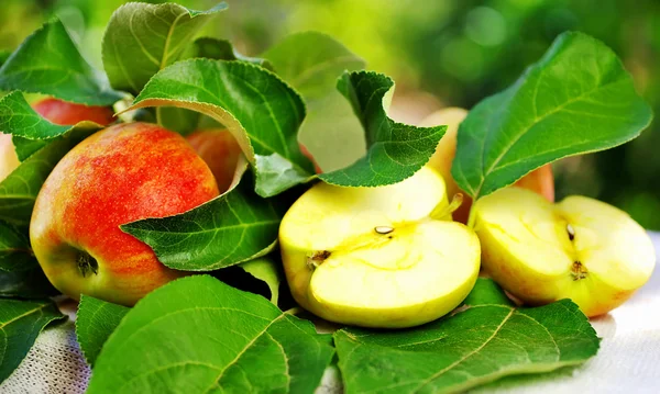 Ripe red apple on table and green leaves — Stock Photo, Image