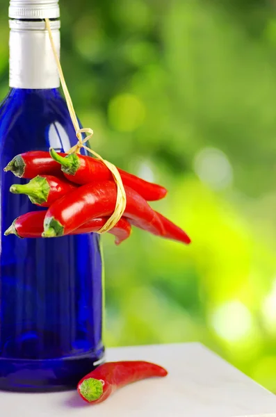 Bottle of alcohol and red chili peppers — Stock Photo, Image