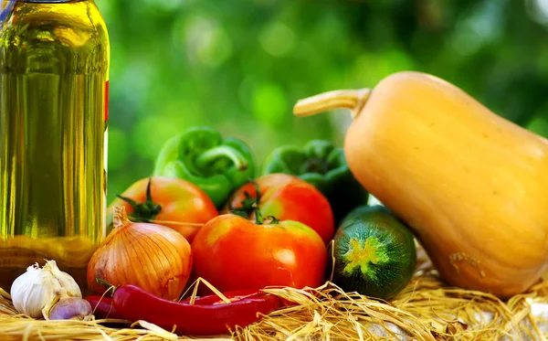 Olive oil and vegetables — Stock Photo, Image