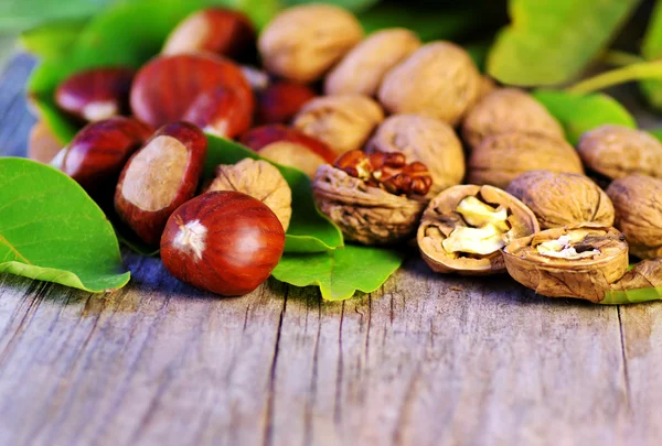 Kastanjes en walnoten op houten tafel — Stockfoto