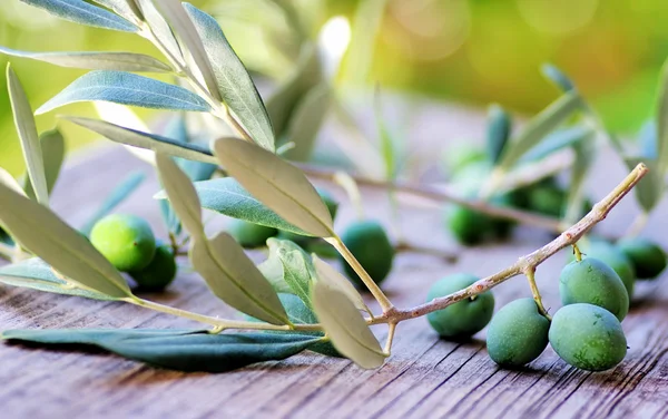 Olives and branches on table — Stock Photo, Image