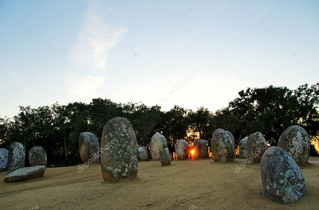 Almendres Cromlech at sunset, Portugal.