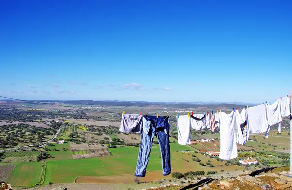 Clothes line against a landscape of Portugal — Stock Photo, Image