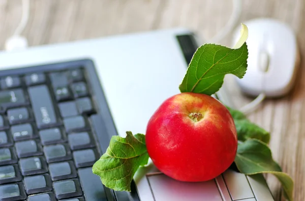 Mela rossa su tastiera e mouse sul tavolo — Foto Stock