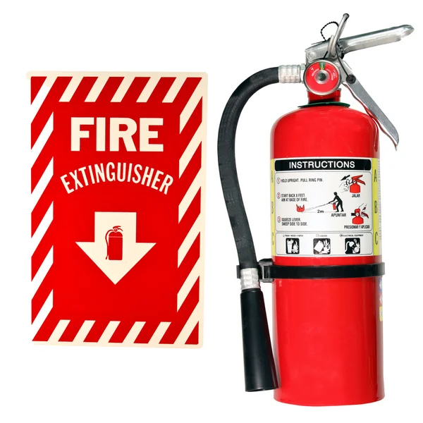 Fire extinguisher and sign isolated — Stock Photo, Image