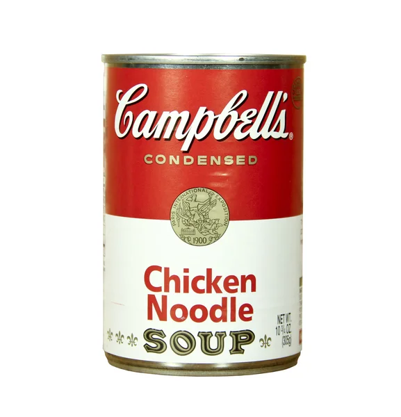Банка супа с куриной лапшой Кэмпелла — стоковое фото