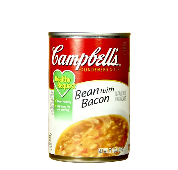 Lata de feijão de Campbell com sopa de bacon — Fotografia de Stock
