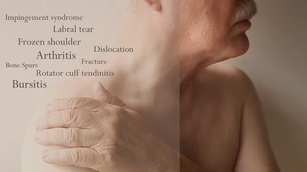 Shoulder pain words on senior man — Stock Photo, Image