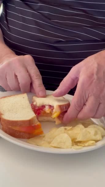 Homem Sênior Tem Sanduíche Tomate Fresco Com Batatas Fritas — Vídeo de Stock