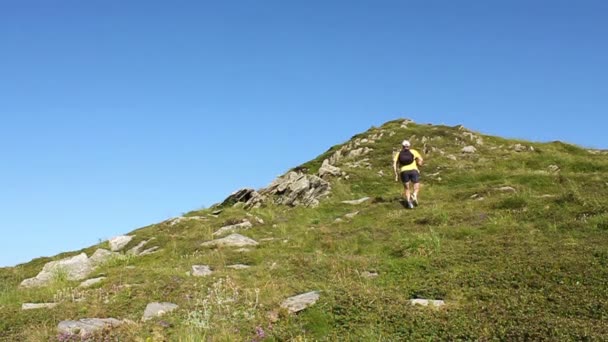 Bursche geht auf Gras nach oben — Stockvideo